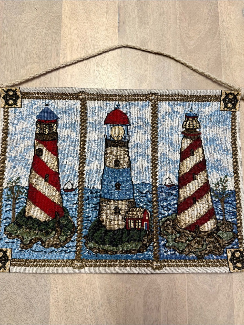Coastal Lighthouse Tapestry Wall Hanging in Red, Blue, Cream